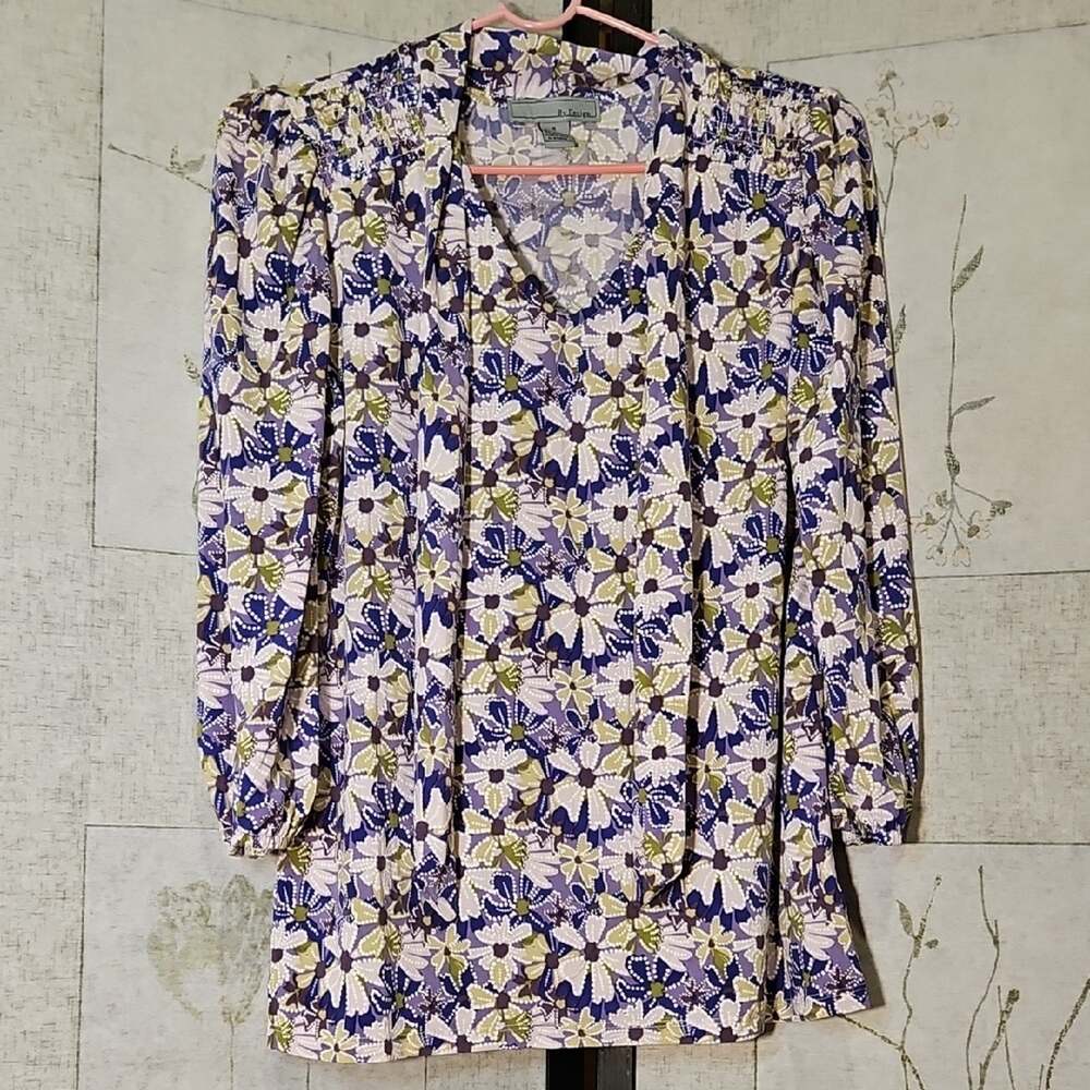 Floral Purple and White Relaxed Smocked 3/4 Sleeve Blouse
